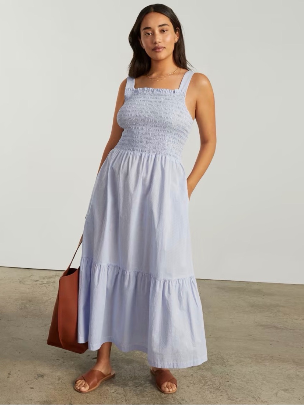 Everlane Cotton Smocked Square-Neck Sleeveless Tiered Maxi Dress in Pale Blue M